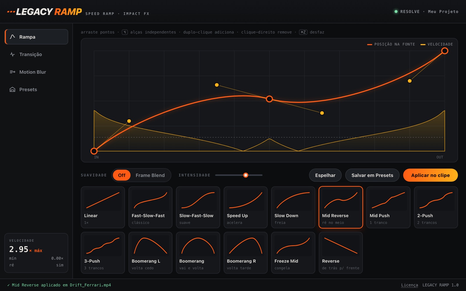 Interface do Legacy Ramp: editor de curva de velocidade com o preset Mid Reverse selecionado e a grade de presets.
